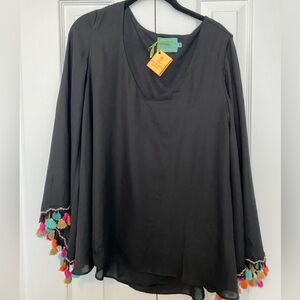 EUC Judith March Black long, bell sleeve blouse with multi color tassels
